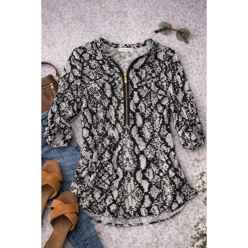 Calvin Klein Womens XS Snake Print Zip Blouse